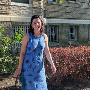 Tom Tom Dress Womens Small Blue Fish Print Preshrunk Linen Midi USA Made “Pera”